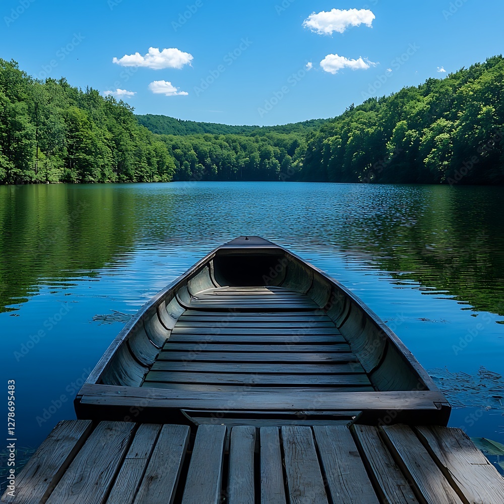 Obraz premium Calm lake boat on wooden dock, forest view