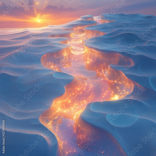 Glowing river flowing through a surreal, icy landscape at sunset.