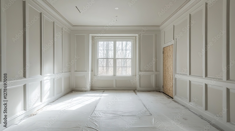 A quiet corner features painter's tape on unfinished molding, contrasting with a bright white ceiling. A quiet corner features painter's tape on unfinished molding, contrasting with a bright white ceiling.