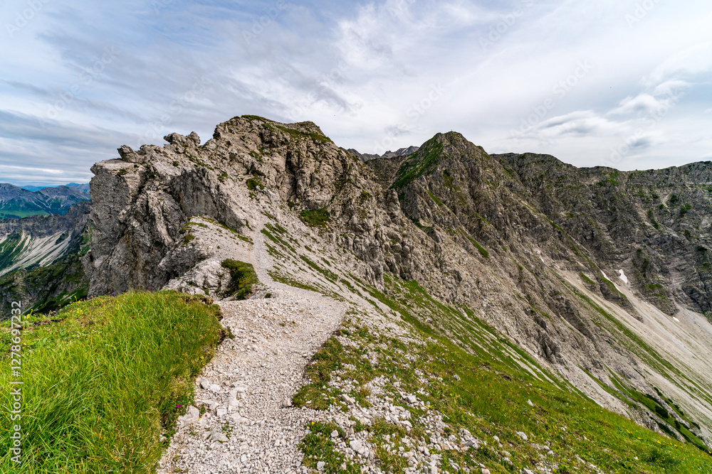 Mountain Trail Leading to Summit with Scenic View of Alps in Bavaria near Bad Hindelang Mountain Trail Leading to Summit with Scenic View of Alps in Bavaria near Bad Hindelang