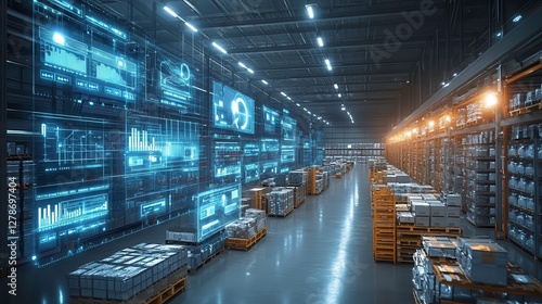 A high-tech warehouse filled with pallets and illuminated by digital screens displaying data analytics and inventory management visuals.
