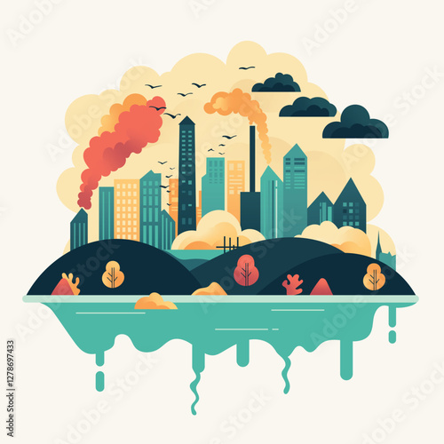 Urban Landscape with Industrial Pollution: Impact on Nature and Environment, Concept pollution, vector illustration