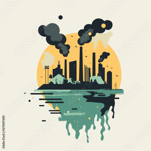 Industrial Pollution with Reflection in Water: An Environmental Issue, Concept pollution, vector illustration
