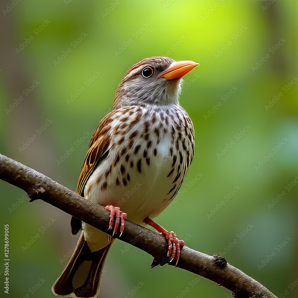 Close-up of a Spotted Bird Perched on a Branch in a Lush Green Background Close-up of a Spotted Bird Perched on a Branch in a Lush Green Background