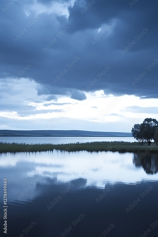 Obraz premium Calm lake, tranquil evening, reflection, clouds