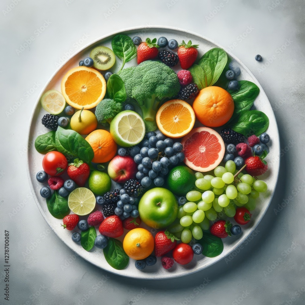 white plate filled with an arrangement of fresh fruits and vegetables, set against a light gray background.
white plate filled with an arrangement of fresh fruits and vegetables, set against a light gray background.