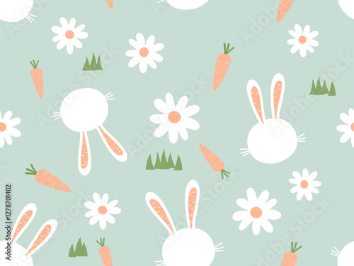 Easter seamless pattern with rabbit cartoons, daisy flower, carrots and green grass on green background vector.