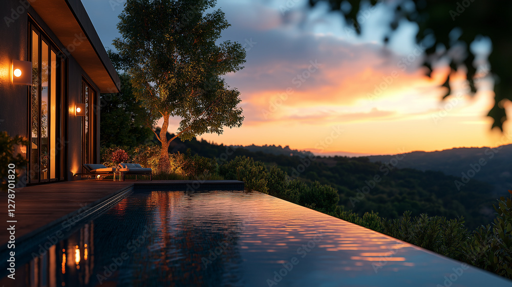 modern house with swimming pool overlooking scenic sunset view. tranquil atmosphere is enhanced by lush greenery and warm lighting, creating serene outdoor space modern house with swimming pool overlooking scenic sunset view. tranquil atmosphere is enhanced by lush greenery and warm lighting, creating serene outdoor space