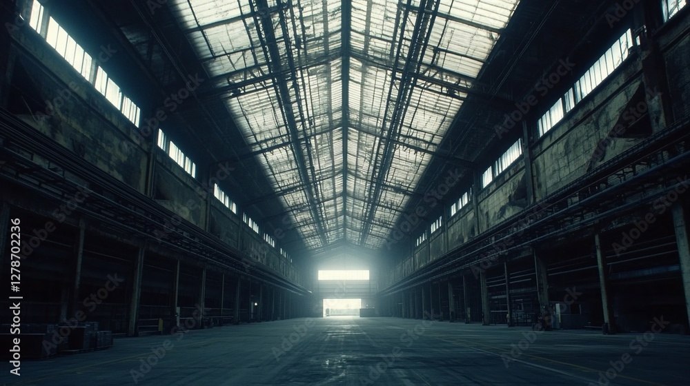 Vast, dark industrial warehouse interior with light at end. Vast, dark industrial warehouse interior with light at end.