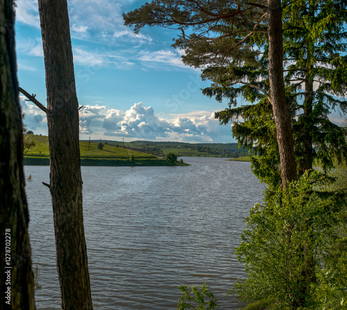 landscape from the shore with pine trees silhouettes to the lake and rural fi...