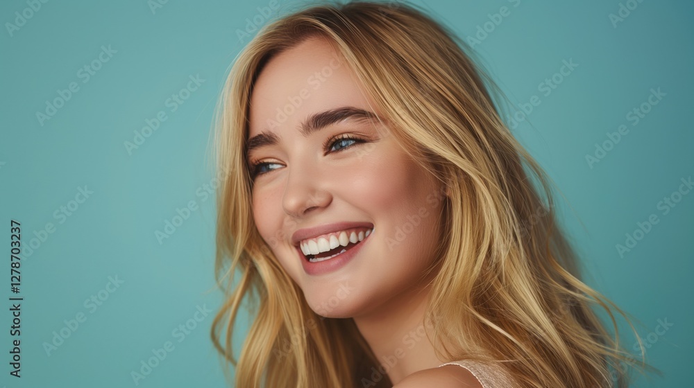 A young woman with long blonde hair smiles brightly, showcasing her clear skin and joyful expression in a calming blue setting A young woman with long blonde hair smiles brightly, showcasing her clear skin and joyful expression in a calming blue setting