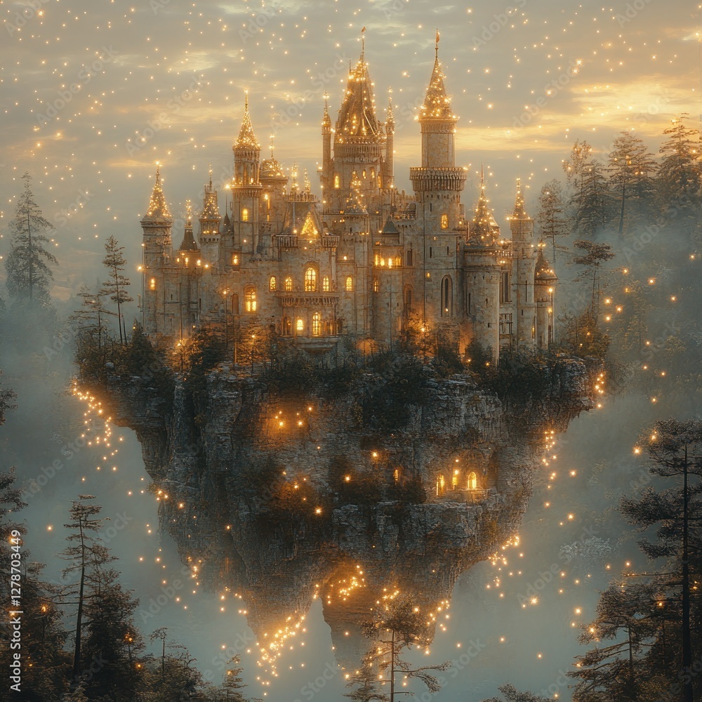 Fototapeta premium Magical floating castle on a misty cliff, illuminated at night.