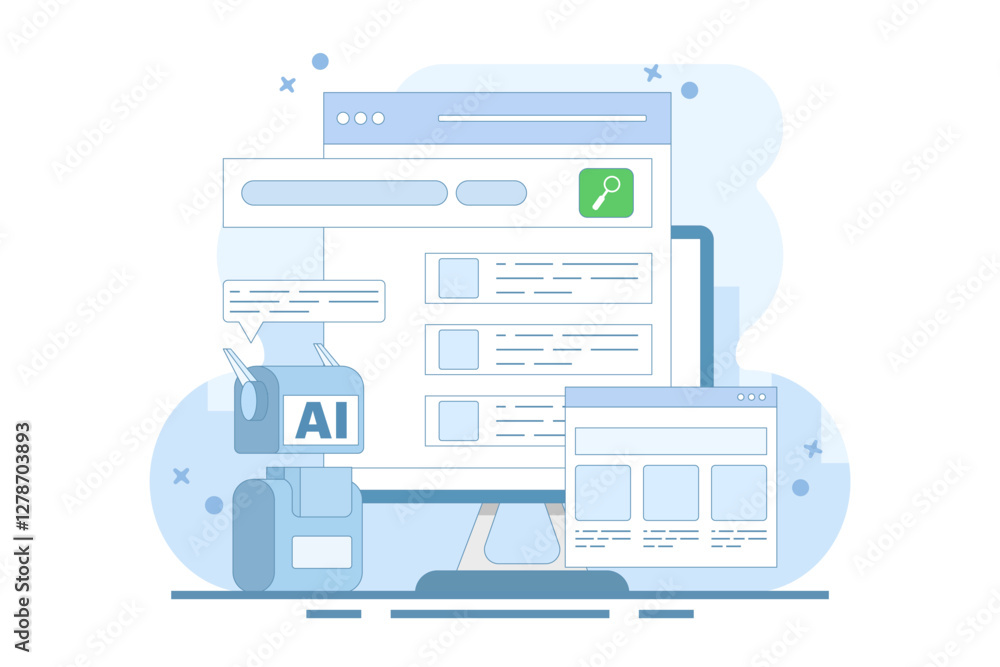 AI powered search results concept, Artificial intelligence integrated with search engine, AI search results, content based title, landing page, flat vector illustration in background. AI powered search results concept, Artificial intelligence integrated with search engine, AI search results, content based title, landing page, flat vector illustration in background.