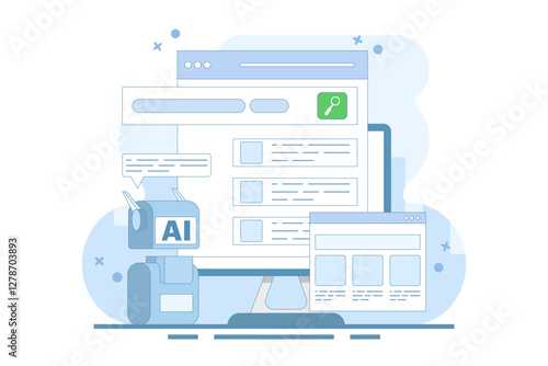 AI powered search results concept, Artificial intelligence integrated with search engine, AI search results, content based title, landing page, flat vector illustration in background.