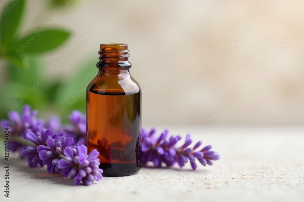 Amber bottle of lavender oil, fresh blooms on pale stone surface , photo, herb Amber bottle of lavender oil, fresh blooms on pale stone surface , photo, herb
