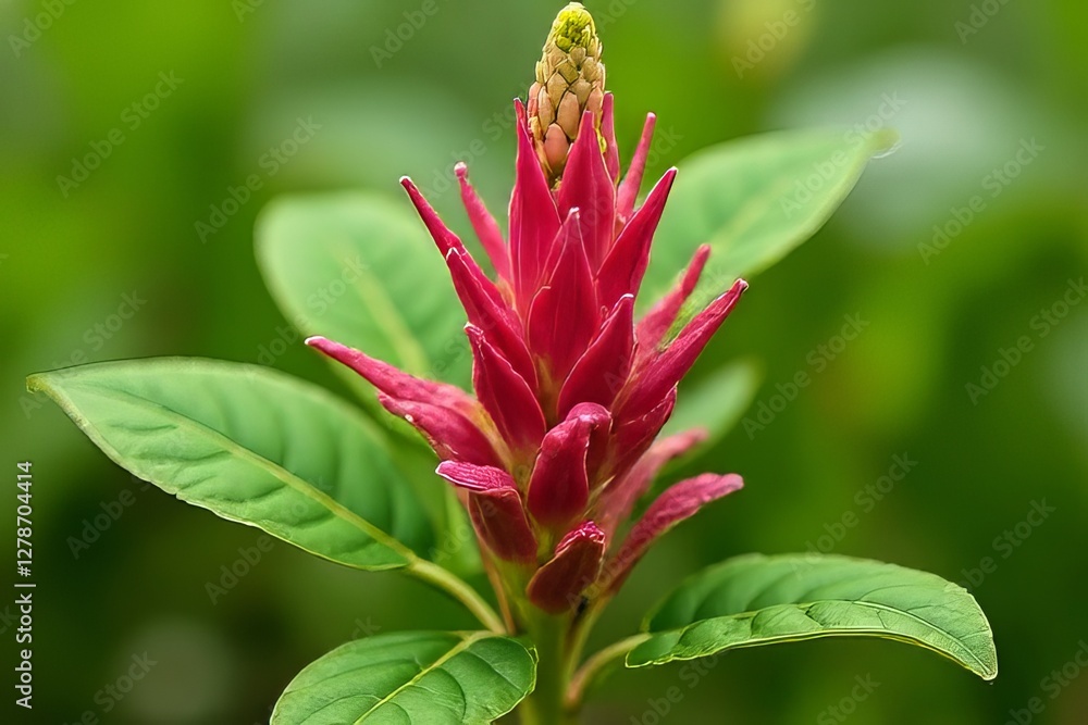 Close-up of Vibrant Red Flower with Green Leaves Close-up of Vibrant Red Flower with Green Leaves