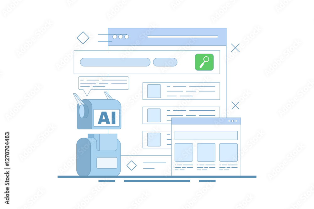 AI powered search results concept, Artificial intelligence integrated with search engine, AI search results, content based title, landing page, flat vector illustration in background. AI powered search results concept, Artificial intelligence integrated with search engine, AI search results, content based title, landing page, flat vector illustration in background.