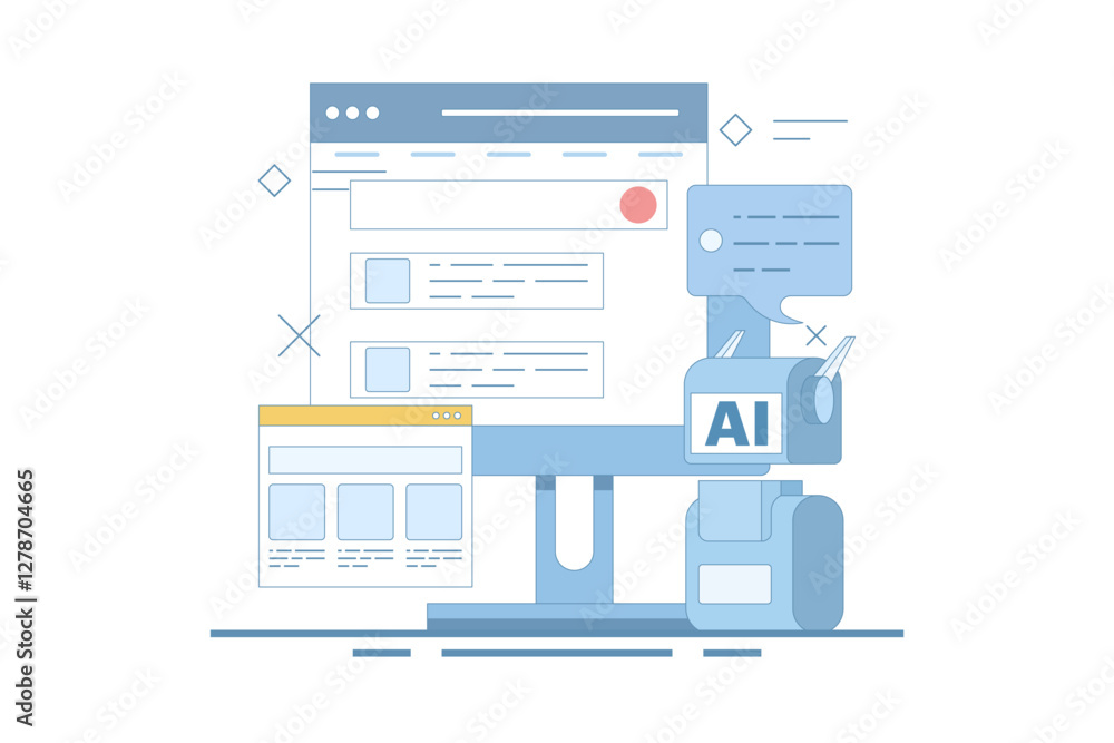 AI powered search results concept, Artificial intelligence integrated with search engine, AI search results, content based title, landing page, flat vector illustration in background. AI powered search results concept, Artificial intelligence integrated with search engine, AI search results, content based title, landing page, flat vector illustration in background.
