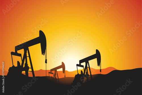 Oil pumps field silhouette with sunset sky background, vector file