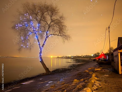 Night Lights Tree by River
