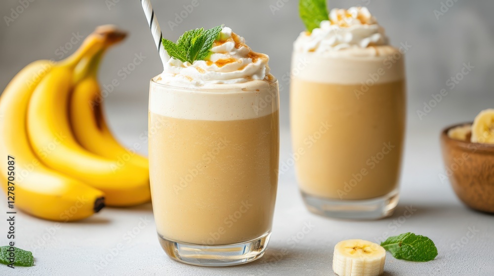 Creamy caramel banana milkshake with whipped cream garnished with mint leaves Creamy caramel banana milkshake with whipped cream garnished with mint leaves