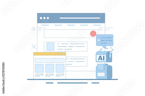 AI powered search results concept, Artificial intelligence integrated with search engine, AI search results, content based title, landing page, flat vector illustration in background.