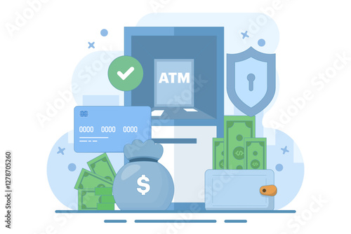ATM security and protection concept. ATM machine or ATM. Security in using ATM machines. Technology and finance. ATM machine for transactions and money storage. Flat vector illustration on background.