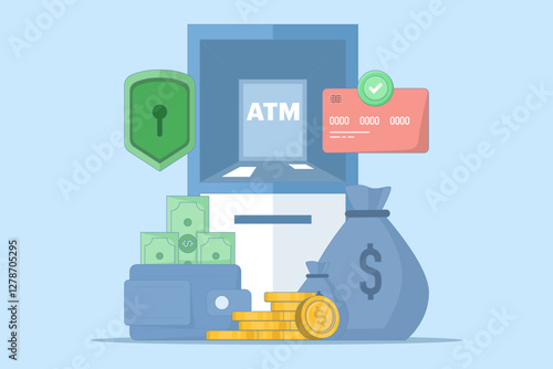 ATM security and protection concept. ATM machine or ATM. Security in using ATM machines. Technology and finance. ATM machine for transactions and money storage. Flat vector illustration on background.