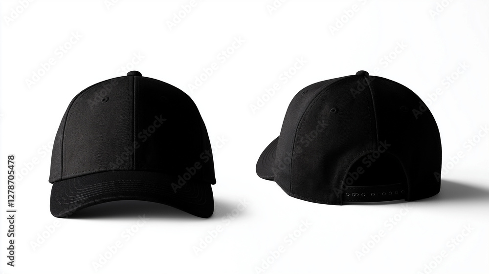 Obraz premium Black baseball cap mockup showcasing front and back views, perfect for branding or design projects. Ideal for sports, casual wear, or promotional use