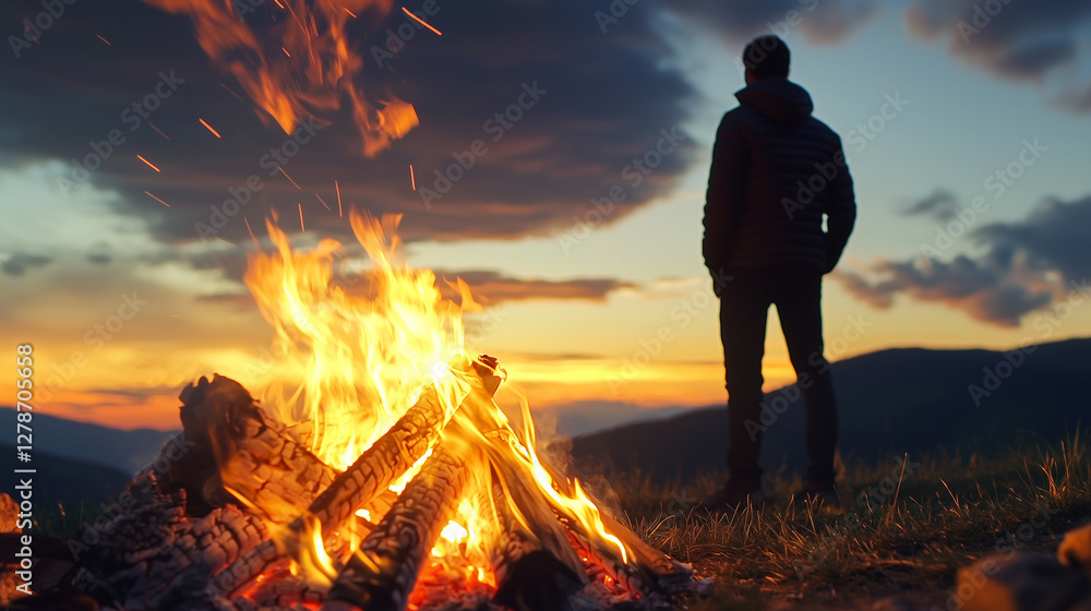 Fototapeta premium Person in Transition Between Fire Glow and Sunset