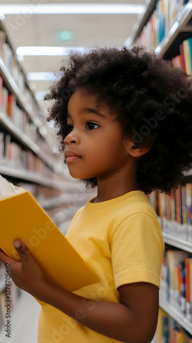 Child Reading Book in Libra...