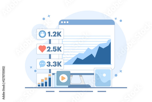 Audience engagement analysis concept, Social media post engagement analysis, Digital marketing report, Increase post engagement ratio with infographics. Vector illustration background with icons.