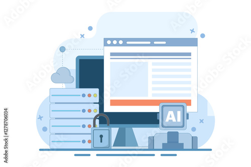 Cloud Server AI Service Concept, AI hosted on cloud server, Cloud hosting, cloud API for artificial intelligence, cloud computing technology, data network management. flat vector illustration.