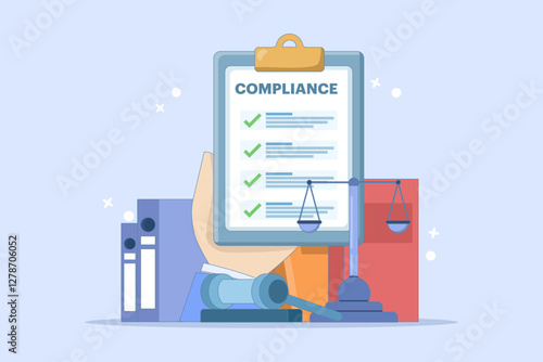 Compliance management concept. List of rules. Clipboard with tasks. Organizing efficient work processes and business ethics. Reviewing the list of business rules. Flat vector illustration.