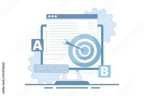 AB Testing Concept, User Feedback, Bug Fixing, Comparison Process, Mobile and Desktop App Development. AB testing concept Comparison of separate wireframe applications A B. Flat vector illustration.