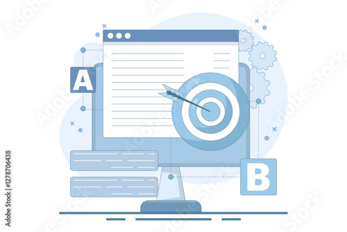 AB Testing Concept, User Feedback, Bug Fixing, Comparison Process, Mobile and Desktop App Development. AB testing concept Comparison of separate wireframe applications A B. Flat vector illustration.