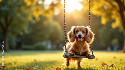 Cute dachshund dog swinging in a park during sunset.
