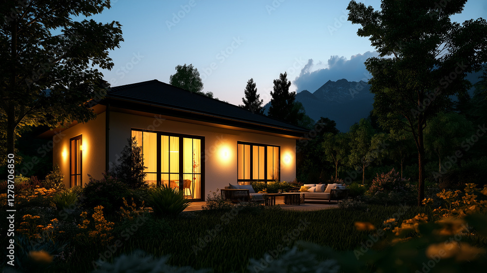 Fototapeta premium modern house with terrace and garden, illuminated at night, surrounded by lush greenery and mountains in background, creating serene atmosphere
