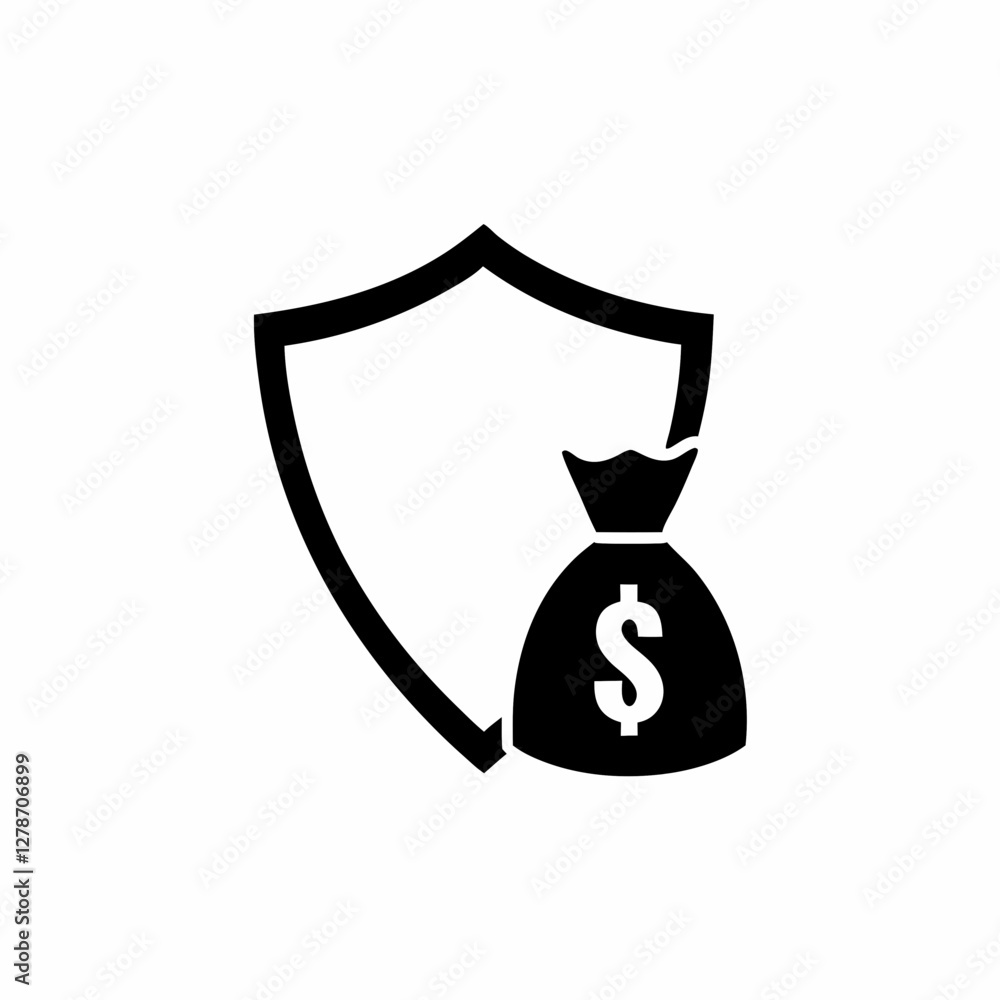 Creative Protect money icon and logo, money bag and shield vector silhouette Creative Protect money icon and logo, money bag and shield vector silhouette