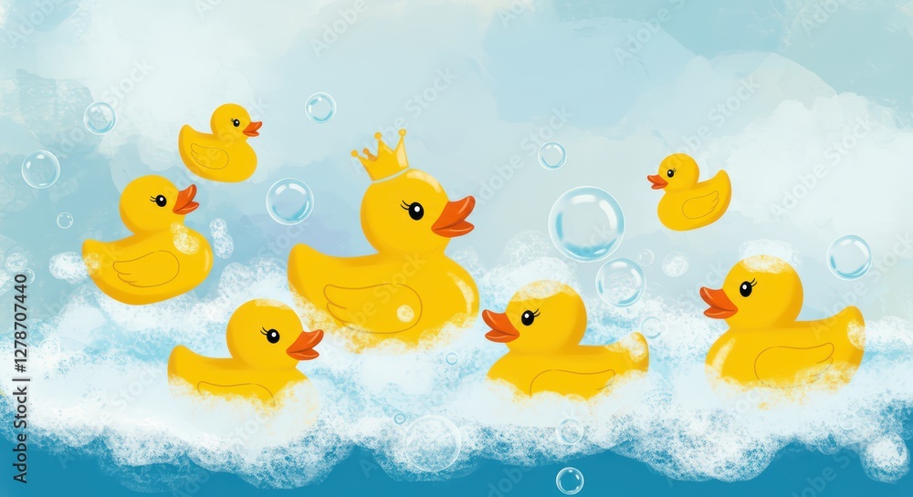 Yellow rubber ducks splash in a bathtub of soapy foam and bubbles. One of them wears a crown, symbolizing leadership Yellow rubber ducks splash in a bathtub of soapy foam and bubbles. One of them wears a crown, symbolizing leadership