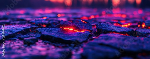 Glowing embers, forest fire aftermath, purple sunset