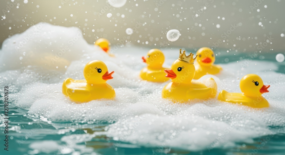 Yellow rubber ducks splash in a bathtub of soapy foam and bubbles. One of them wears a crown, symbolizing leadership Yellow rubber ducks splash in a bathtub of soapy foam and bubbles. One of them wears a crown, symbolizing leadership