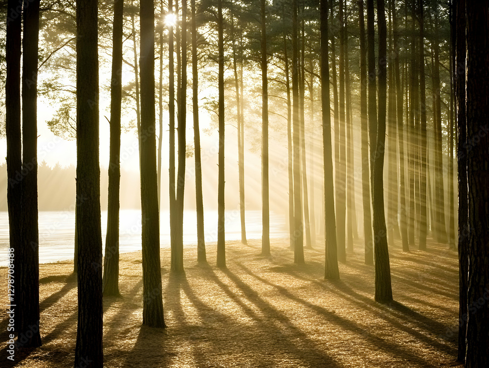 Obraz premium Golden Sunrise Forest Landscape