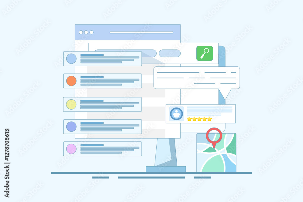 SEO Optimization Concept, Business address in search engine map, Website SEO, Store location in search results. Sitemap creation process. Flat vector illustration on background. SEO Optimization Concept, Business address in search engine map, Website SEO, Store location in search results. Sitemap creation process. Flat vector illustration on background.