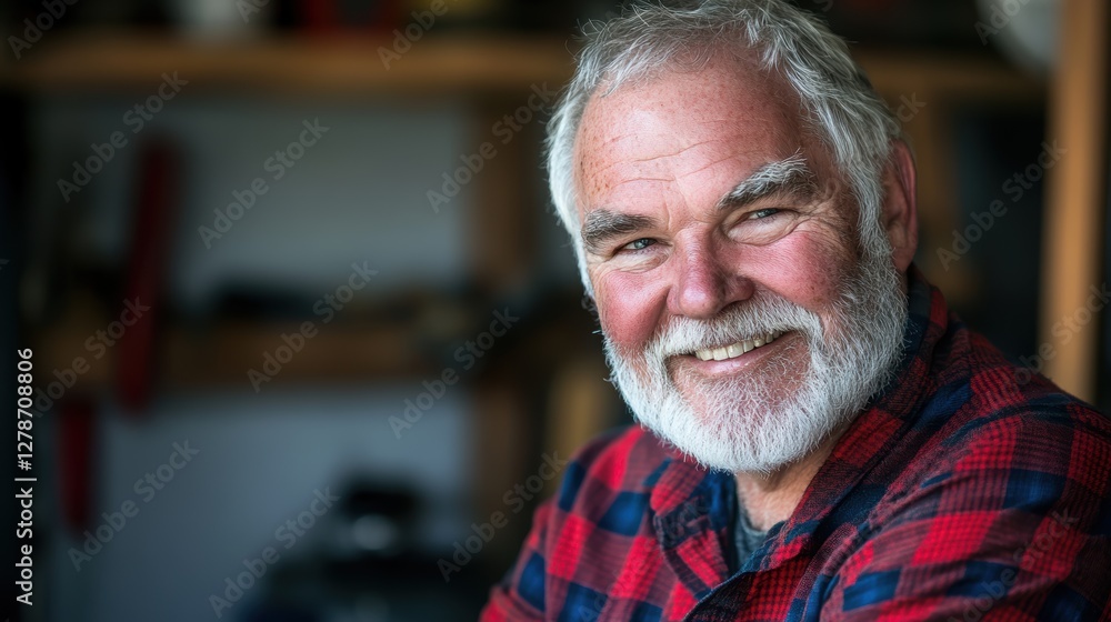 Smiling senior man with gray beard and plaid shirt enjoying retirement in cozy workshop, showcasing happiness and active lifestyle in relaxed setting. Smiling senior man with gray beard and plaid shirt enjoying retirement in cozy workshop, showcasing happiness and active lifestyle in relaxed setting.