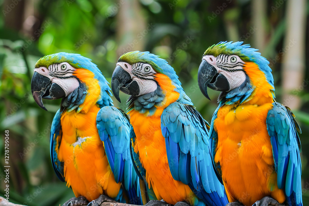 Fototapeta premium Three lively macaws with colorful feathers captured against a green forest backdrop, close-up view.