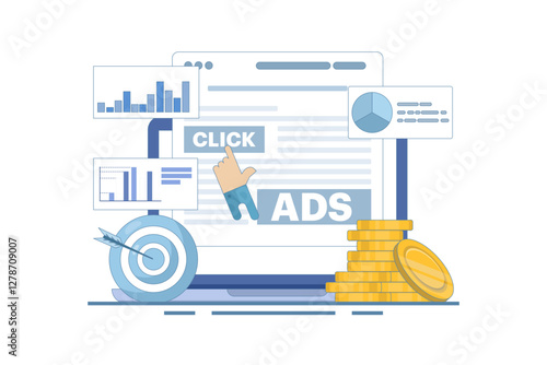 Pay per click concept for websites. Advertising on the internet, clicking on ads, pay per click system. PPC advertising strategies, clicking on ads and more. Flat vector illustration on background.
