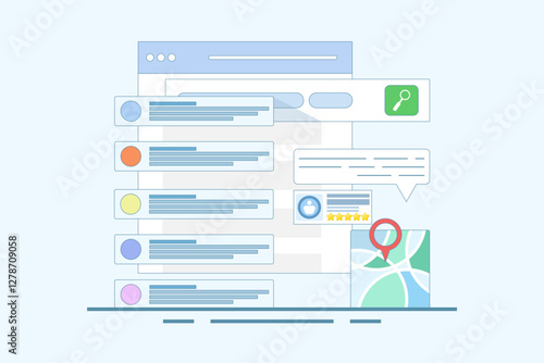 SEO Optimization Concept, Business address in search engine map, Website SEO, Store location in search results. Sitemap creation process. Flat vector illustration on background.