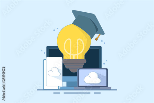Online education concept, Bachelor's hat on light bulb with computer, smartphone, tablet, online courses, distance learning, self-education, digital library. Digital marketing illustration.