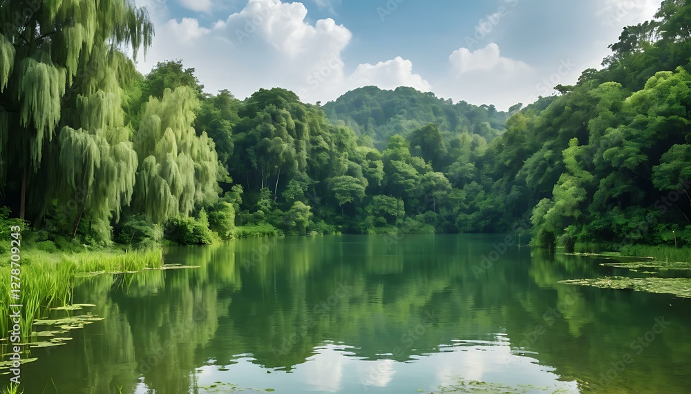 Serene Green Lake Surrounded by Lush Bamboo Forest - Peaceful Nature Scene Serene Green Lake Surrounded by Lush Bamboo Forest - Peaceful Nature Scene